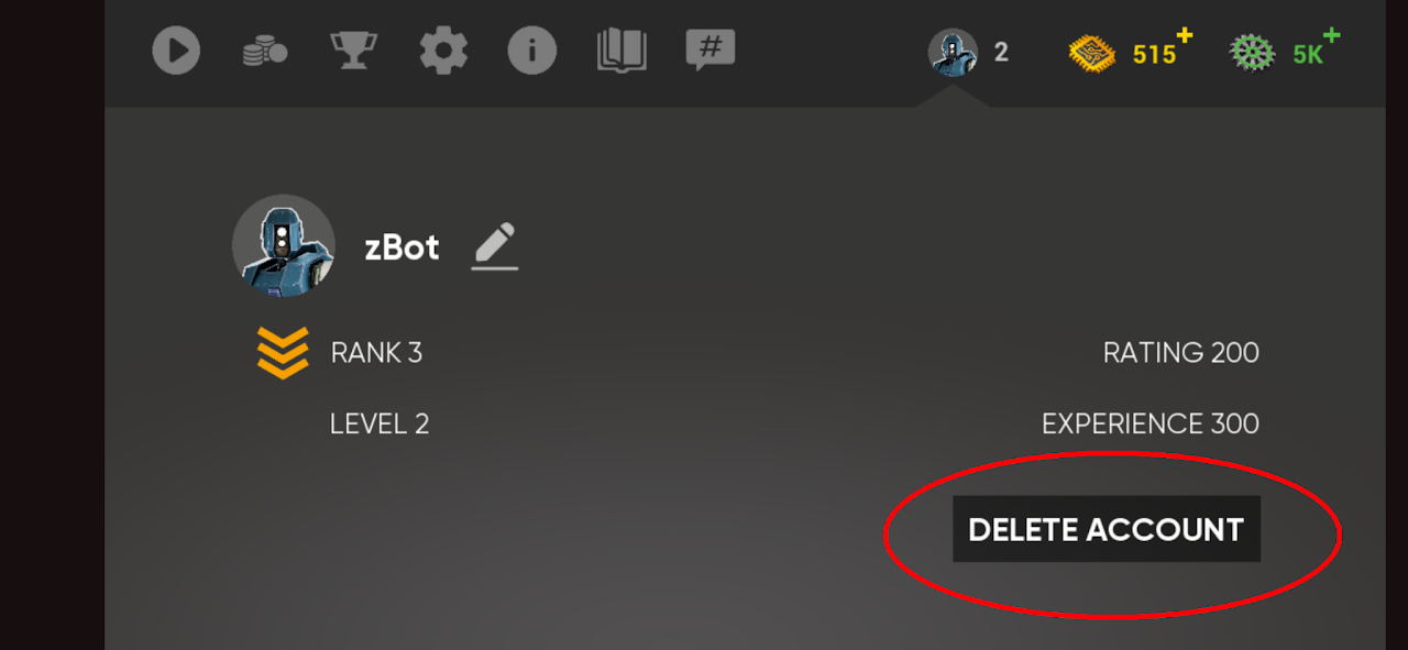 Casual Blade profile screen — Delete account button