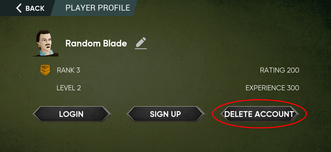 Nimble Blade profile screen — Delete account button