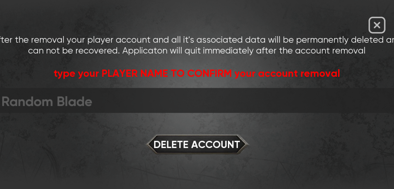 Nimble Blade account deletion confirmation screen